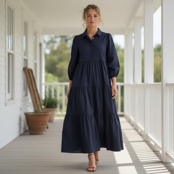 Pomander Place Dresses & Skirts - Pomander Place Navy Mabel Tiered Maxi Dress NWT Size L Puff Sleeve